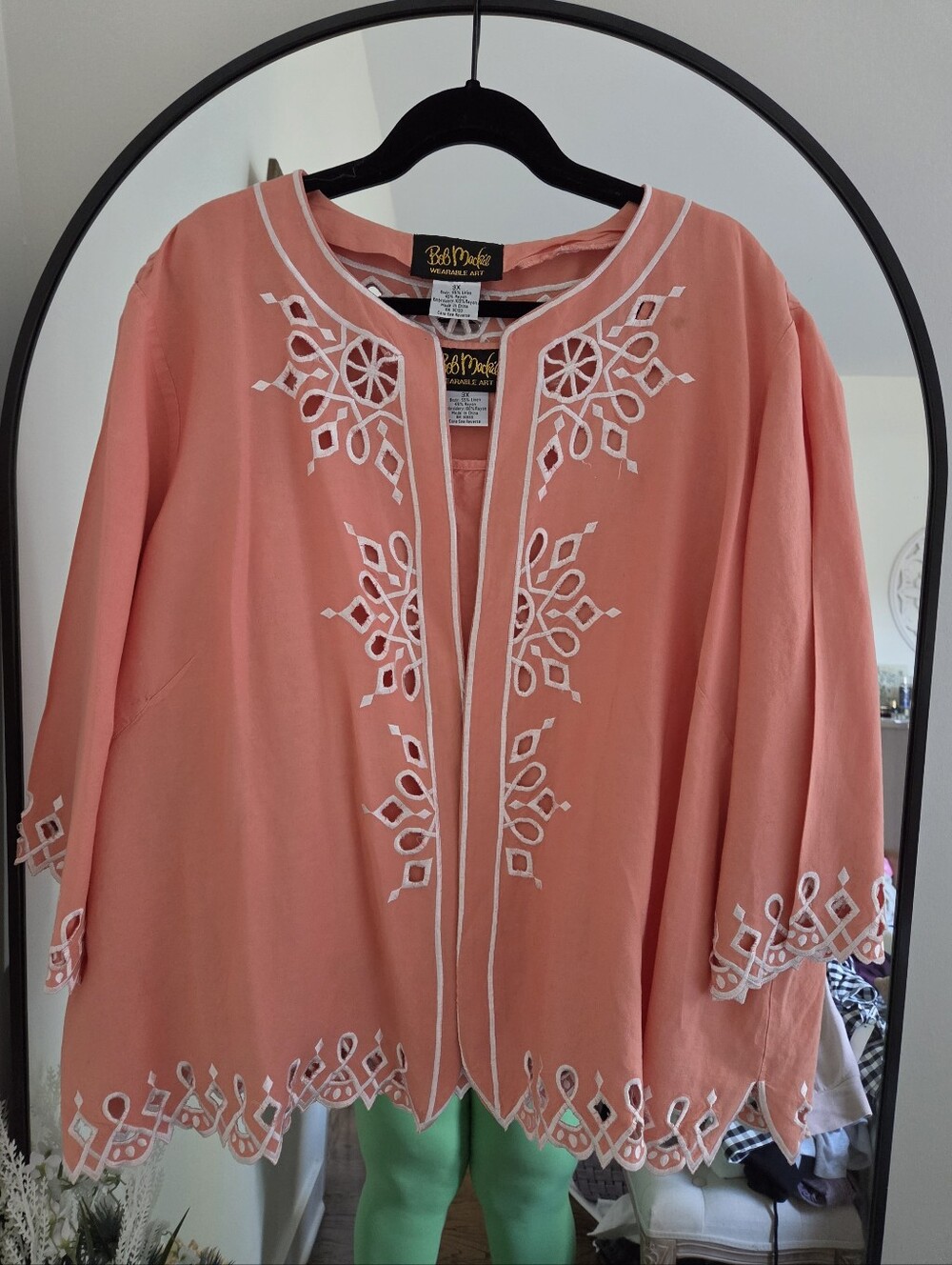 Bob Mackie Coral Linen Set - Cutwork Open Jacket And Tank
